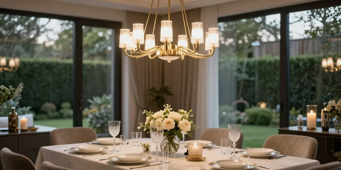 Candelabru LED elegant într-un dining room modern, cu masă decorată rafinat.