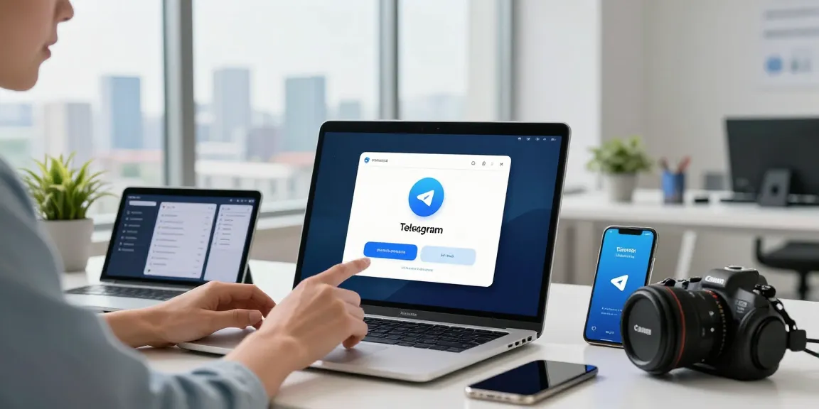 Engaging workspace scene showing a user performing a Telegram download on a laptop with tech gadgets in a bright setting.