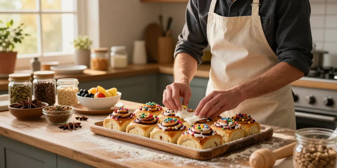 Delicious cinnamon rolls Calgary with colorful toppings displayed in a warm bakery, showcasing the artisanal baking process.